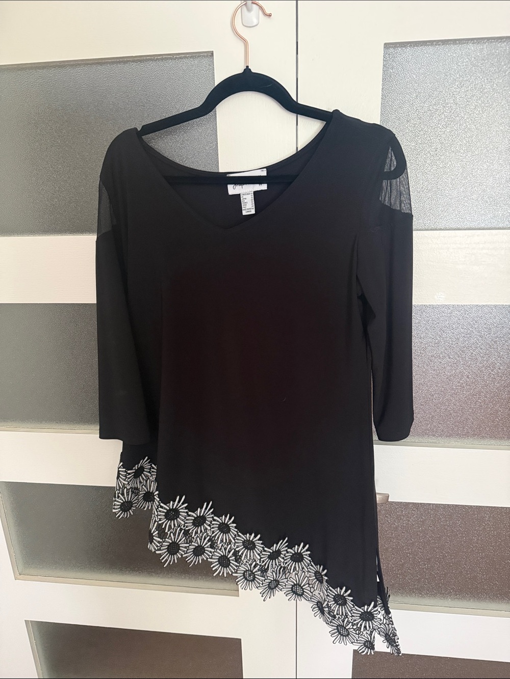 Joseph Ribkoff Black V-Neck Asymmetric Tunic with White Floral Hem